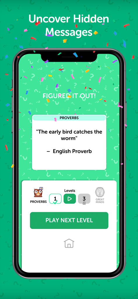 A smartphone showing a solved cryptogram puzzle with the proverb The early bird catches the worm and a play next level button