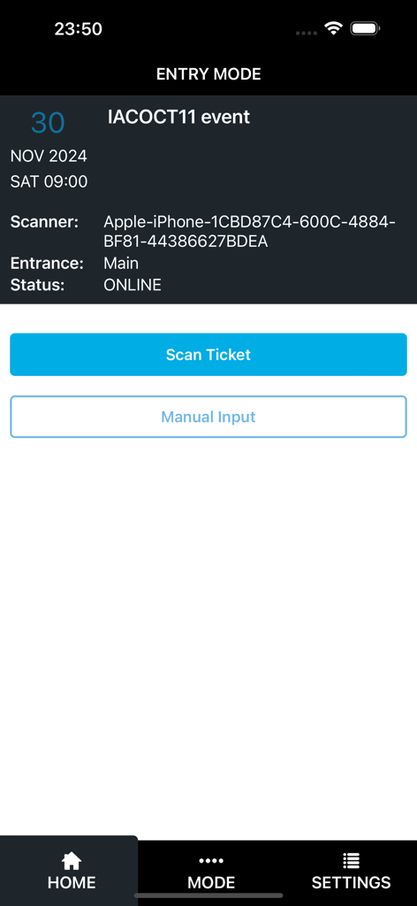 TM1 Access - TM1 Access mobile app interface showing the event entry mode with a button to scan tickets.