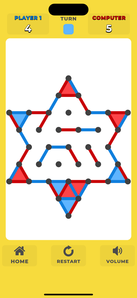 Dots and Boxes (Dot Game) - Gameplay von Dots and Boxes, das ein sternförmiges Gitter im Dreiecksmodus mit einem Ergebnis von 4 zu 5 gegen den Computer zeigt