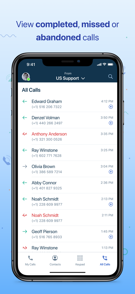 Schermata della cronologia chiamate dell'app Freshcaller che mostra un elenco di chiamate completate, perse e abbandonate con timestamp e nomi.