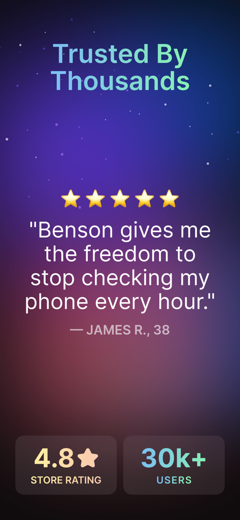 Benson: AI Stock Trading - Benutzer-Testimonial für die Benson KI Aktienhandel App, das eine 4,8-Sterne-Bewertung und über 30.000 Benutzer zeigt