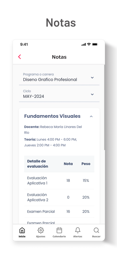 Sise Móvil - Tela do aplicativo Sise Movil mostrando notas acadêmicas e detalhes de avaliação para um curso de design gráfico