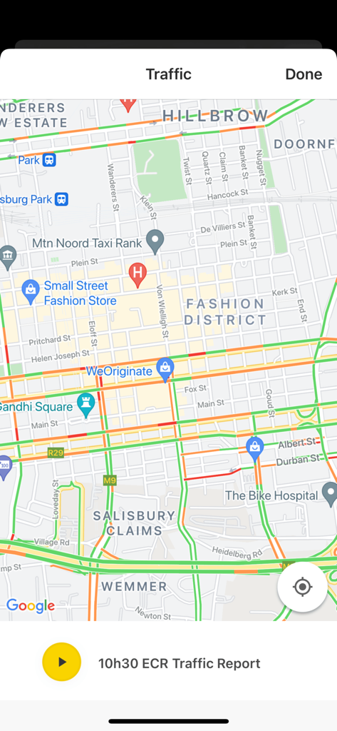 East Coast Radio - Real-time traffic map and audio traffic report feature within the East Coast Radio mobile application.