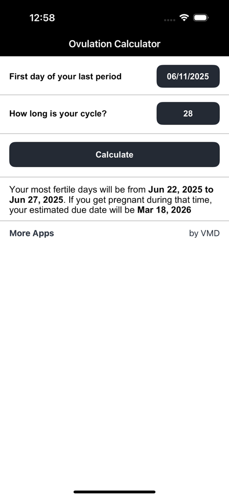 Interface of the Ovulation Calculator app showing predicted fertile window and estimated due date.