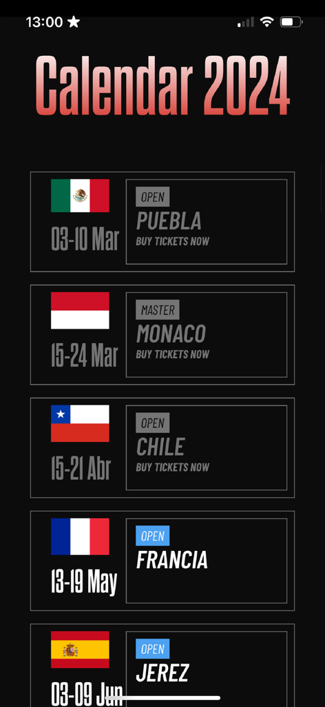 A1Padelglobal - A1 Padel global tournament schedule for 2024 showing upcoming events in Mexico Monaco Chile France and Spain