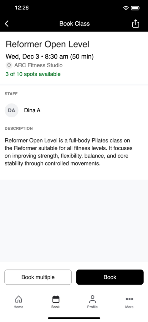 ARC Fitness Studio - Booking page for a Reformer Pilates class at ARC Fitness Studio showing class details and book button