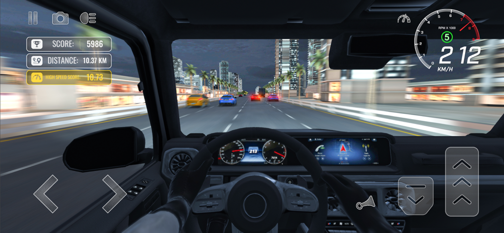 Traffic Racer Pro: Car Racing - Visão em primeira pessoa do cockpit de um carro correndo a 212 km/h em uma estrada urbana à noite em Traffic Racer Pro.