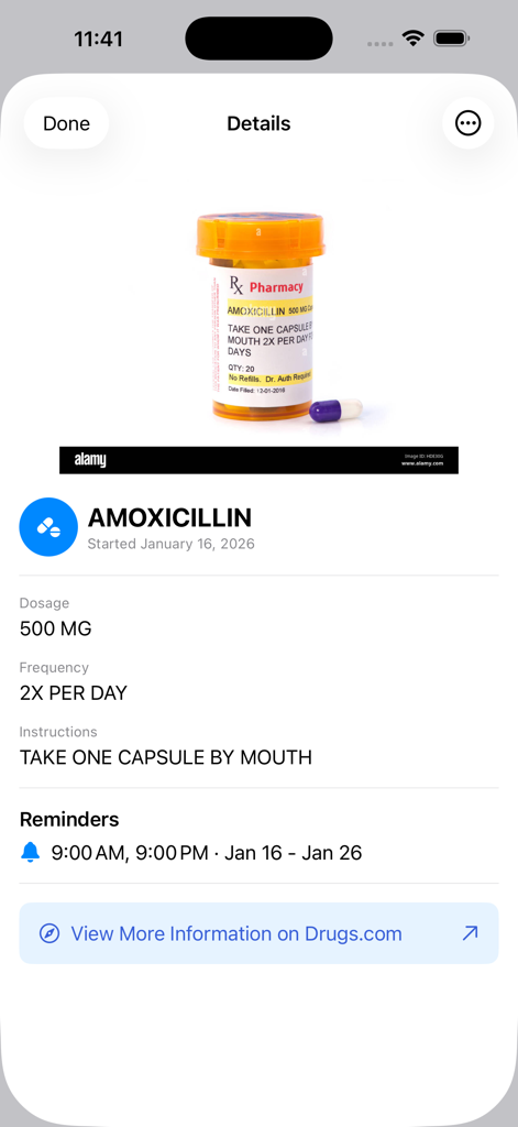 MedSnap - Snap It, Track It - MedSnap app screen displaying medication details for Amoxicillin with dosage frequency and scheduled reminders