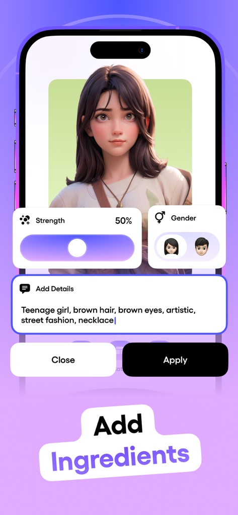 Interfaz de la aplicación Cartoon Yourself mostrando la personalización de avatares IA con indicaciones de texto y controles deslizantes de ajuste