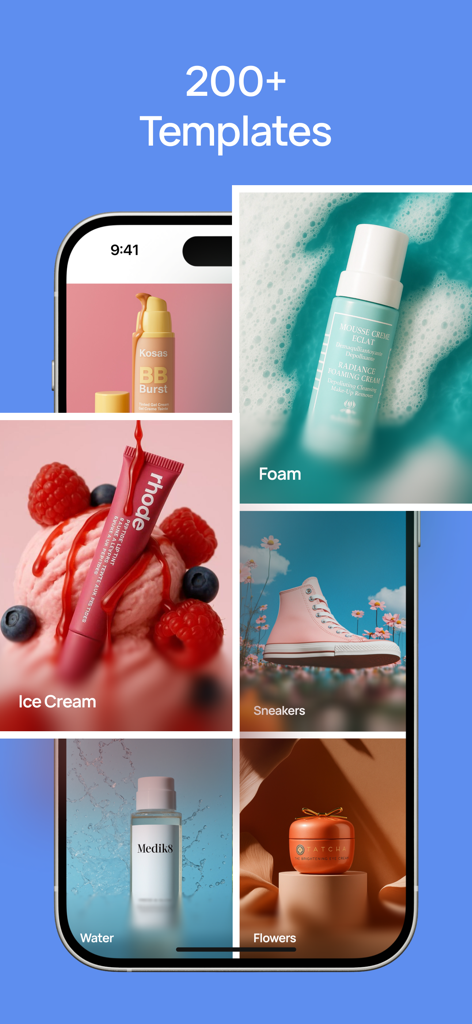 Fleur - AI Video Generator - Interfaz de la aplicación generadora de vídeo con IA Fleur que muestra varias plantillas estéticas de vídeo de productos para belleza y moda.