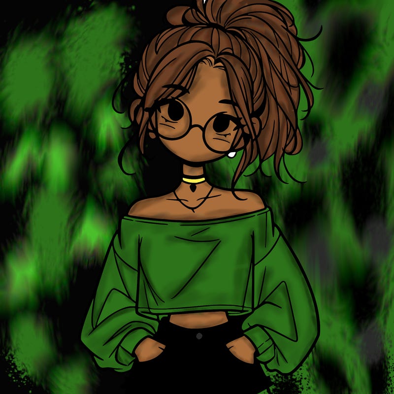 girl with a messy ponytail glasses a baggy crop top and jean shorts