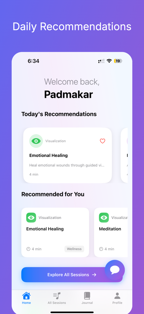 Innerbloom: Calm, Sleep, Focus - Tela inicial do aplicativo Innerbloom mostrando recomendações diárias personalizadas de meditação e visualização