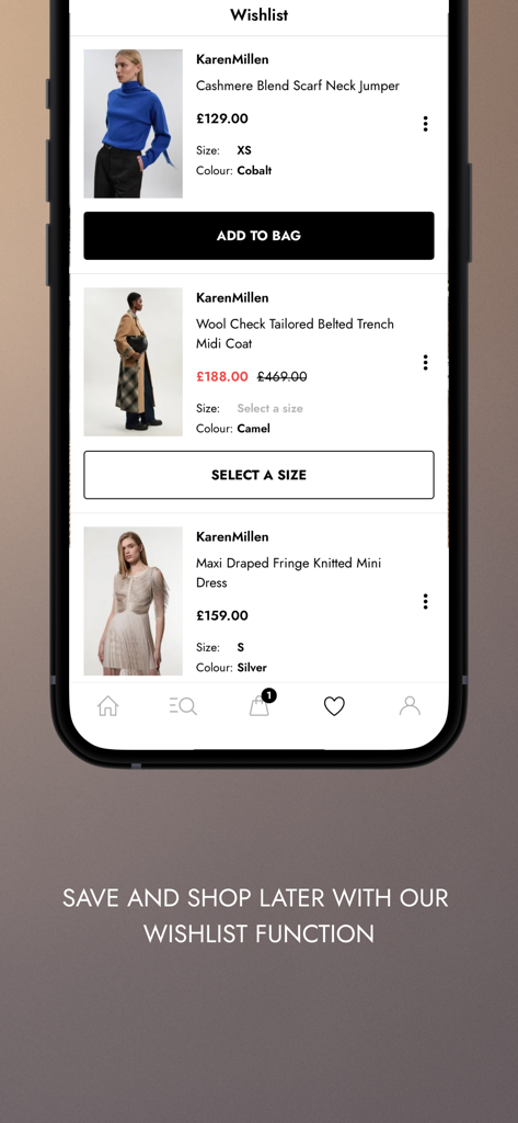Karen Millen -Women’s Clothing - The Karen Millen app wishlist screen displaying saved luxury fashion items including a cashmere jumper and a tailored trench coat.