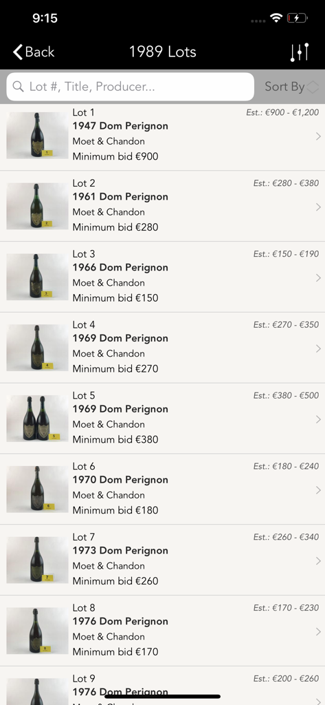 Sylvie's Wine Auctions - A list of Dom Perignon champagne auction lots with prices and estimates