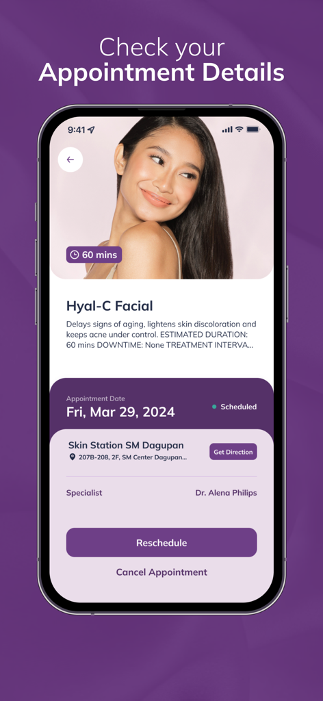 Screenshot of SkinStation Online app showing appointment details for a Hyal-C Facial treatment including date location and specialist