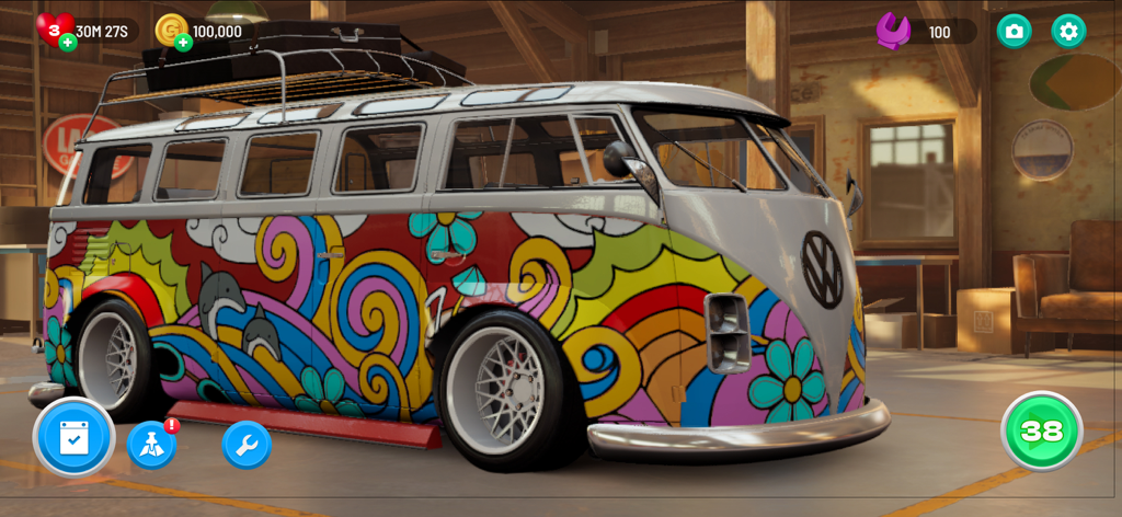 Matchcreek Motors: Custom Cars - A customized Volkswagen van with a colorful psychedelic paint job in a workshop