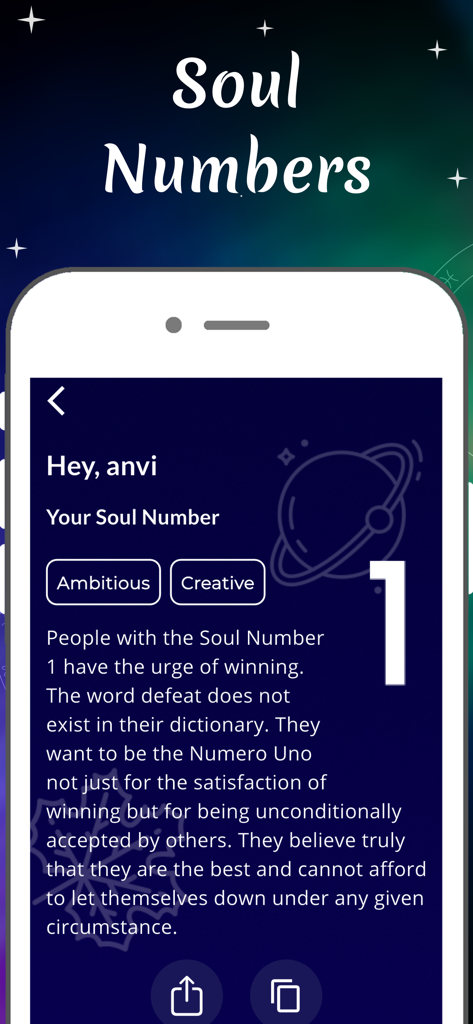 Numerology Future Astrology - 数秘術アプリのスクリーンショット、野心的で創造的といった性格特性を持つユーザーのソウルナンバー1の分析が表示されています