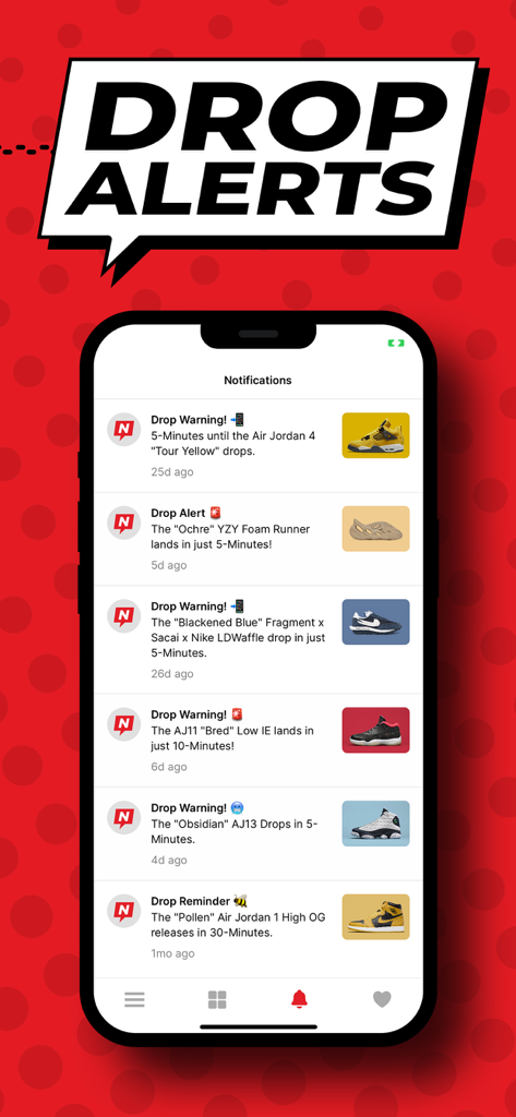 限定版シューズのスニーカーリリースドロップアラートとカウントダウンを表示するNice Kicksモバイルアプリの通知画面