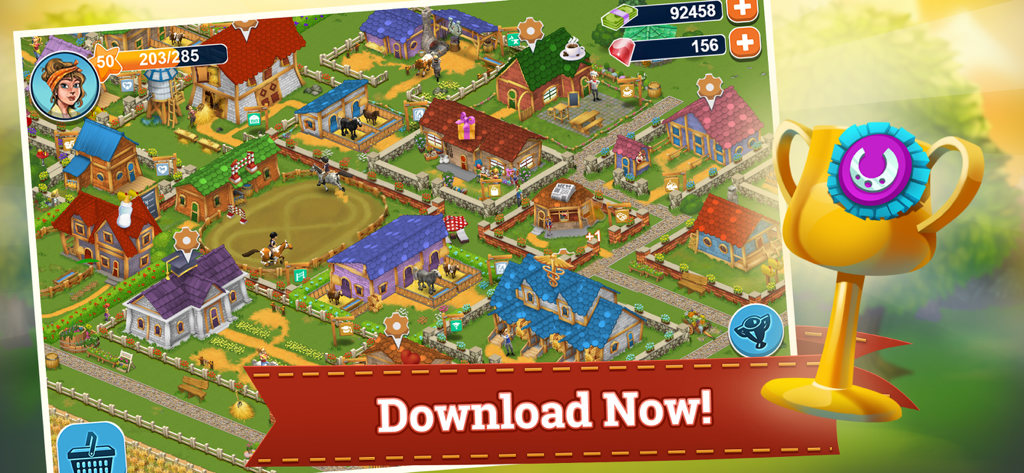 Horse Farm - Vista cenital de una colorida granja de caballos con establos y una pista de equitación en el juego Horse Farm