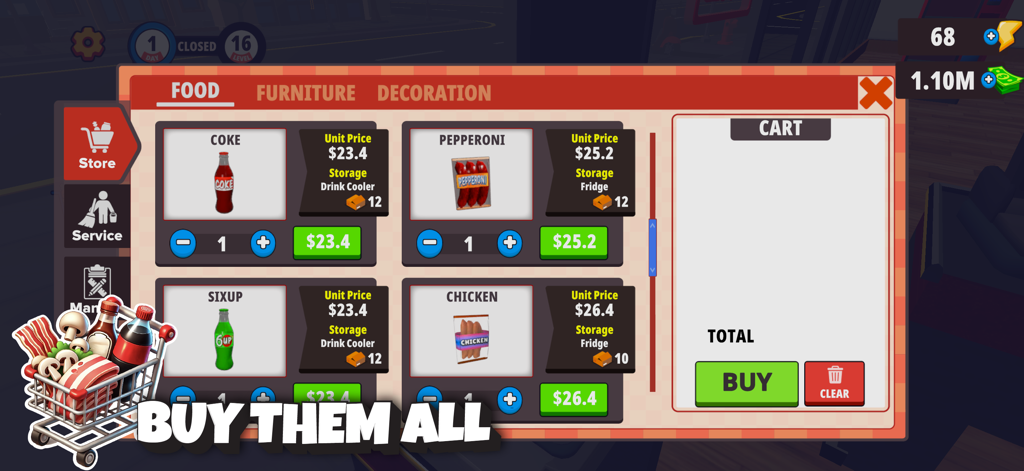 Pizza Store Simulator - ピザ屋シミュレーターのゲーム内ストアインターフェースで、食品や飲料を購入しています。