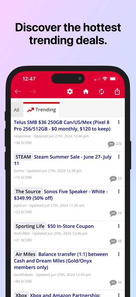 A smartphone screenshot of the RedFlagDeals app showing a list of trending deals including electronics sales and retail coupons.