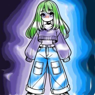 cute girl with straight hair in baggy jeans and a crop top and a sweater