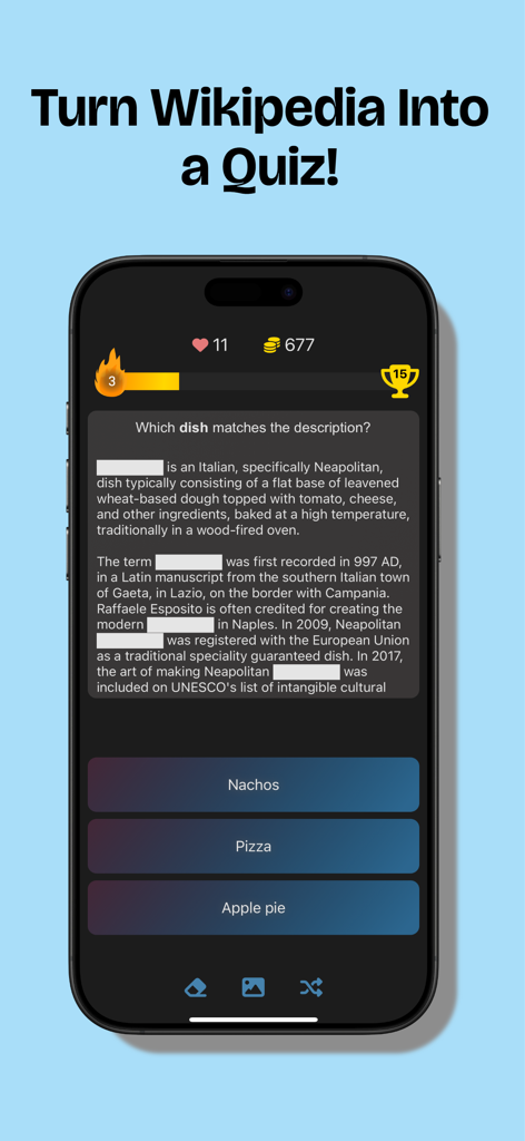 LinkQuiz: Trivia & Knowledge - LinkQuiz mobile app gameplay showing a trivia question to identify a dish from its Wikipedia description