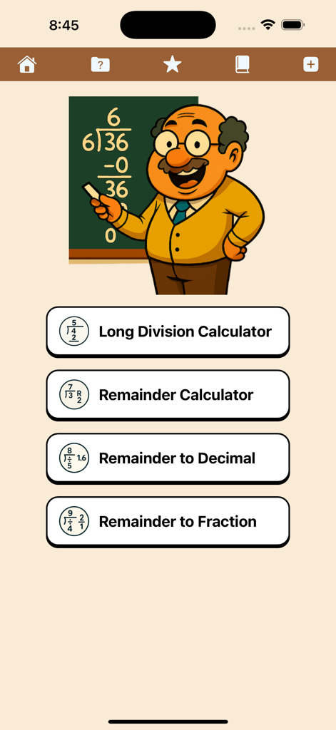 Menú principal de la aplicación Calculadora de División Larga mostrando opciones para cálculos de división y restos con un profesor de matemáticas de dibujos animados.