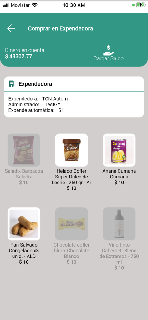 Vending Control - Mobile app interface showing available snacks and beverages in a corporate vending machine with account balance