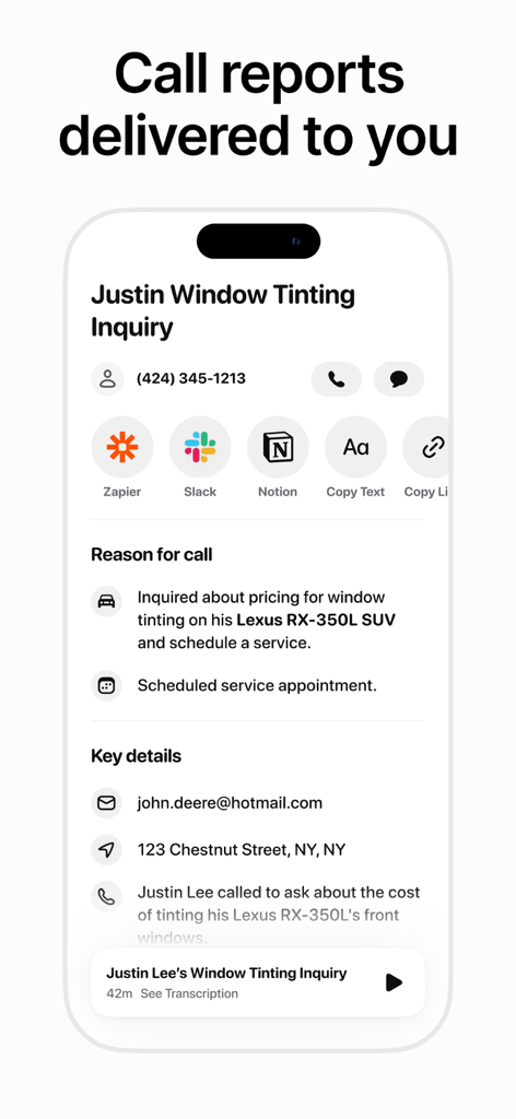 Beside AI Receptionist app interface showing an automated call report with summary details and CRM integrations like Slack and Notion