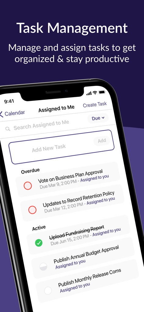 OnBoard Meetings - OnBoard Meetings mobile interface showing a task management list for corporate board members including voting and budget approvals.