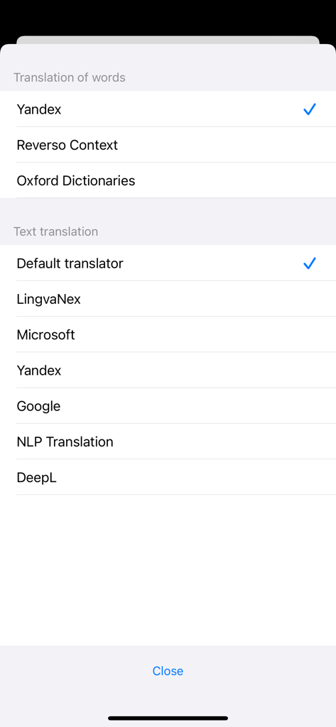 Smart Book - Translation settings menu showing options for word and text translation services like Google and DeepL