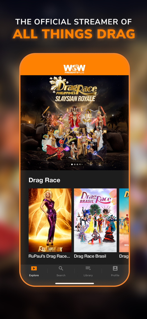 WOW Presents Plus mobile app interface showcasing international Drag Race series