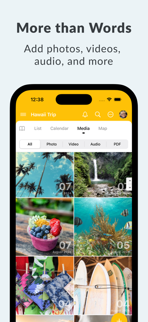 Day One: Daily Journal & Diary - Day One journaling app interface showing a multimedia gallery for a Hawaii trip with vacation photos and media filters