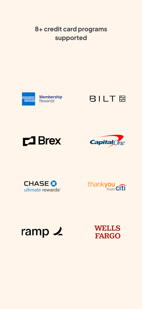 Roame - Award Travel - Amex、Chase、Capital Oneなどのサポートされているクレジットカードプログラムのロゴ