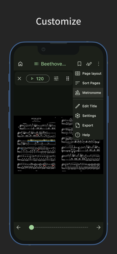 ScorePDF: Sheet Music Viewer - ScorePDF customization menu with metronome and dark mode sheet music display