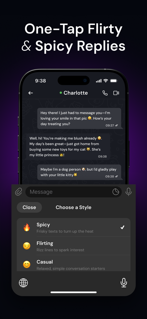 Flirtonic: AI Dating Assistant - Screenshot of Flirtonic AI keyboard showing flirty spicy and casual reply options in a dating app chat