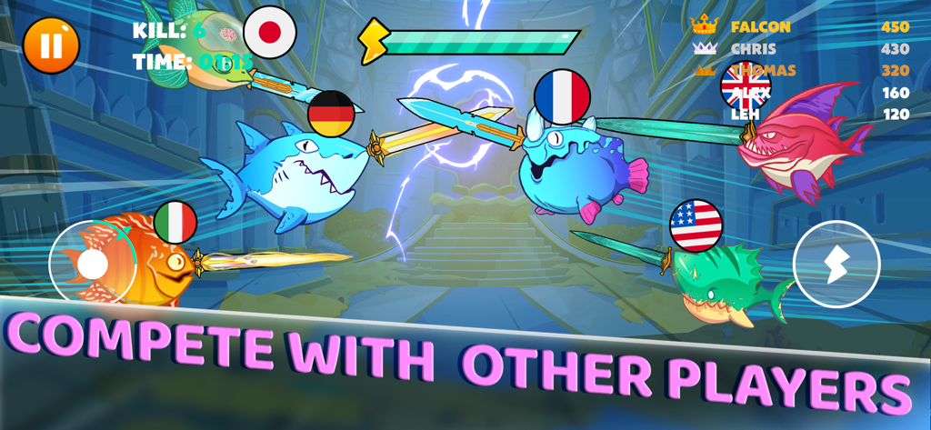 Fish IO: Be the King - Colorful fish characters with swords competing in an underwater multiplayer battle arena with global player flags and a leaderboard.