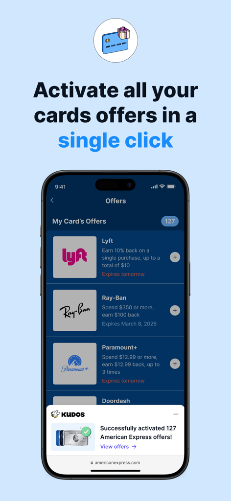 Kudos: Put Your Wallet to Work - Kudos app screen displaying various credit card rewards and a notification for activated offers.