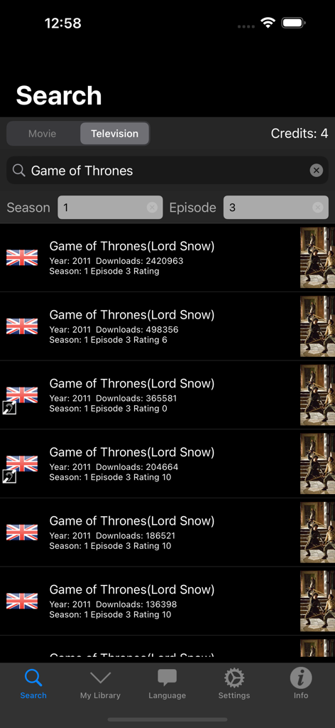Subtitles Viewer! - Subtitles Viewer app search screen displaying available English subtitles for a television show