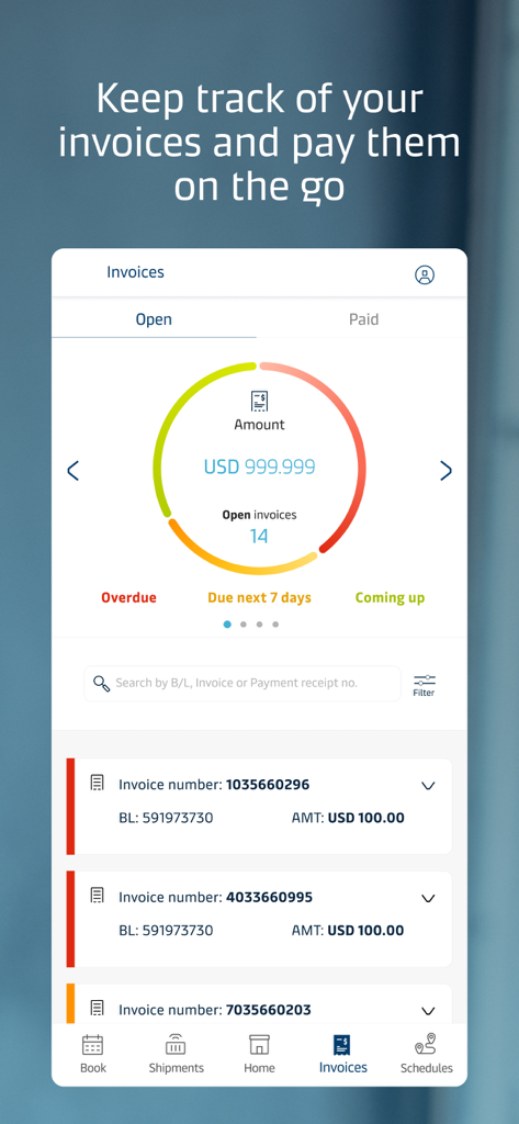 Maersk - 期限切れや期限間近などのステータス別に分類された未払インボイスのダッシュボード、支払いオプション、および財務詳細の追跡を表示するマースクアプリのインターフェース