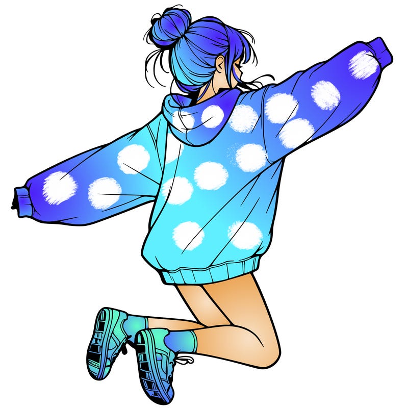 realistic girl jumping with a bun and oversized sweatshirt