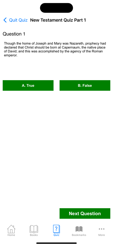 Bible Scholar Interactive - Una captura de pantalla de la aplicación Bible Scholar Interactive mostrando una pregunta de verdadero o falso del Quiz del Nuevo Testamento.