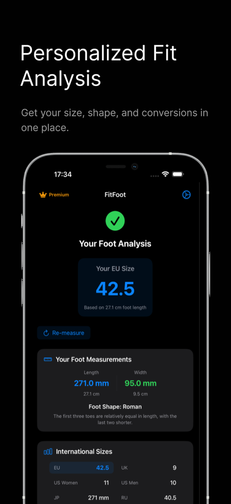 Foot Measure App – FitFoot - Pantalla de la aplicación FitFoot que muestra el análisis de las medidas del pie y las conversiones de tallas de zapatos internacionales
