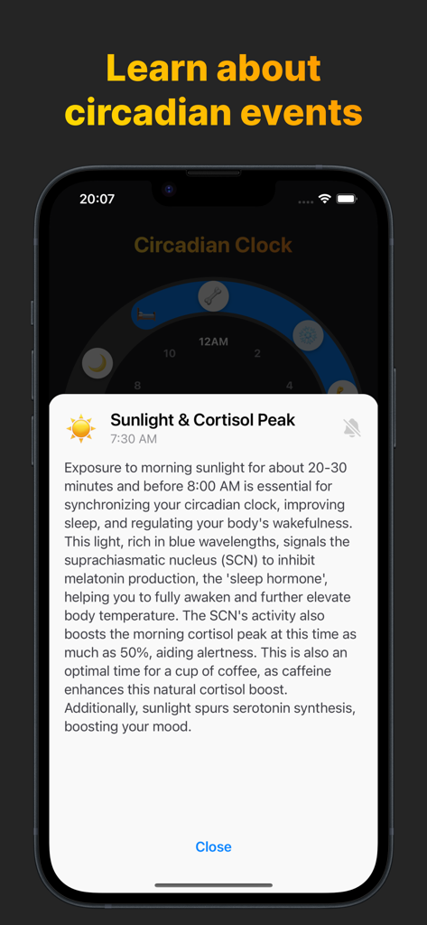 Circadian Rhythm: Body Clock - A screen from the Circadian Rhythm app explaining the health benefits of morning sunlight and cortisol peaks.