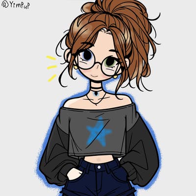 girl with a messy ponytail glasses a baggy crop top and jean shorts