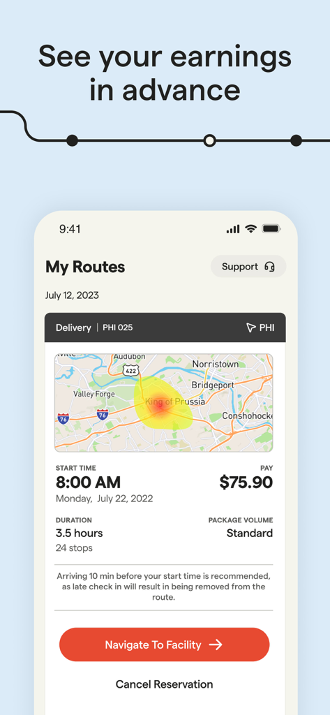 Veho Driver app screen displaying route details including a map estimated pay of 75.90 dollars and a 3.5 hour duration