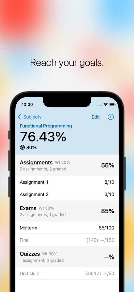 Tela do celular do aplicativo percent mostrando cálculos de notas ponderadas para uma disciplina de Programação Funcional com trabalhos e exames