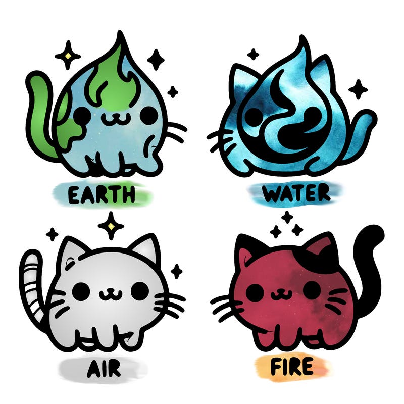 4 cats that represent the different elements, earth, water, air, and fire