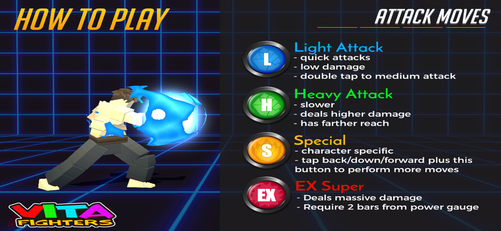 Vita Fighters - Vita Fighters tutorial screen explaining attack moves including light heavy special and EX super attacks